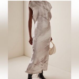 NWT Brandon Maxwell Marble-Print Beige Satin Maxi Dress